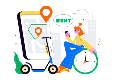 Hızlı ve Çevre dostu bir Arkaplan Arkaplanında Hızlı ve Çevresel Sürüş İçin Taşımacılık içeren Elektrikli Scooter Kiralama Servisi Vektör İlüstrasyonu