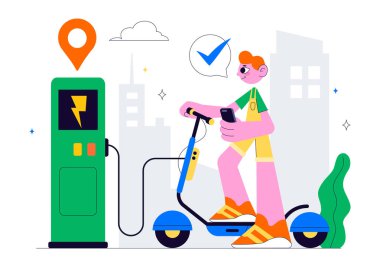 Hızlı ve Çevre dostu bir Arkaplan Arkaplanında Hızlı ve Çevresel Sürüş İçin Taşımacılık içeren Elektrikli Scooter Kiralama Servisi Vektör İlüstrasyonu