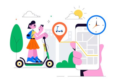 Hızlı ve Çevre dostu bir Arkaplan Arkaplanında Hızlı ve Çevresel Sürüş İçin Taşımacılık içeren Elektrikli Scooter Kiralama Servisi Vektör İlüstrasyonu