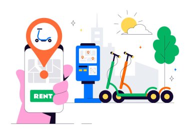 Hızlı ve Çevre dostu bir Arkaplan Arkaplanında Hızlı ve Çevresel Sürüş İçin Taşımacılık içeren Elektrikli Scooter Kiralama Servisi Vektör İlüstrasyonu