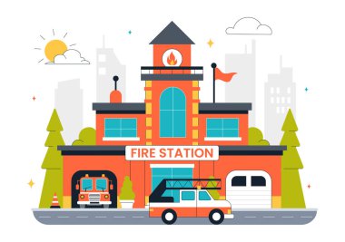 İtfaiye İstasyonu Vektör İllüstrasyonunda İtfaiye Arabası ve İtfaiye Arabası Düz Tarzlı Çizgi Film Arkaplanı