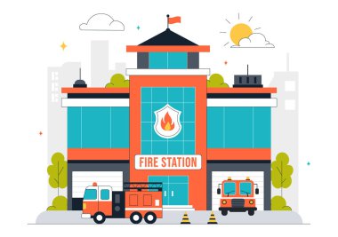 İtfaiye İstasyonu Vektör İllüstrasyonunda İtfaiye Arabası ve İtfaiye Arabası Düz Tarzlı Çizgi Film Arkaplanı