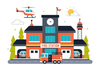 İtfaiye İstasyonu Vektör İllüstrasyonunda İtfaiye Arabası ve İtfaiye Arabası Düz Tarzlı Çizgi Film Arkaplanı