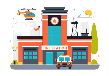 İtfaiye İstasyonu Vektör İllüstrasyonunda İtfaiye Arabası ve İtfaiye Arabası Düz Tarzlı Çizgi Film Arkaplanı
