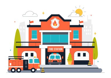 İtfaiye İstasyonu Vektör İllüstrasyonunda İtfaiye Arabası ve İtfaiye Arabası Düz Tarzlı Çizgi Film Arkaplanı