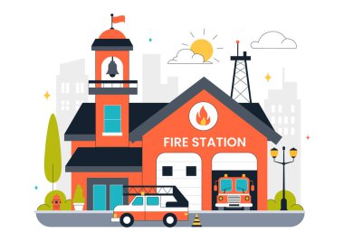 İtfaiye İstasyonu Vektör İllüstrasyonunda İtfaiye Arabası ve İtfaiye Arabası Düz Tarzlı Çizgi Film Arkaplanı