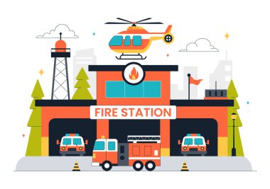 İtfaiye İstasyonu Vektör İllüstrasyonunda İtfaiye Arabası ve İtfaiye Arabası Düz Tarzlı Çizgi Film Arkaplanı