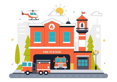 İtfaiye İstasyonu Vektör İllüstrasyonunda İtfaiye Arabası ve İtfaiye Arabası Düz Tarzlı Çizgi Film Arkaplanı