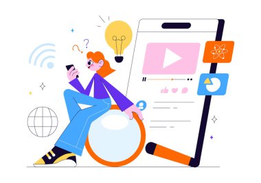 Çevrimiçi Eğitim ve Bilgi Kitapları İllüstrasyonunda Okul Malzemeleri ve Öğrenim Malzemeleri Platformu ile Çalışan İnsanlar