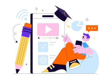 Çevrimiçi Eğitim ve Bilgi Kitapları İllüstrasyonunda Okul Malzemeleri ve Öğrenim Malzemeleri Platformu ile Çalışan İnsanlar