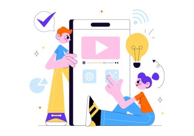 Çevrimiçi Eğitim ve Bilgi Kitapları İllüstrasyonunda Okul Malzemeleri ve Öğrenim Malzemeleri Platformu ile Çalışan İnsanlar