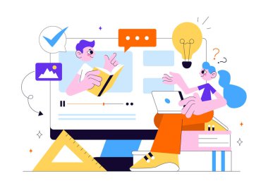 Çevrimiçi Eğitim ve Bilgi Kitapları İllüstrasyonunda Okul Malzemeleri ve Öğrenim Malzemeleri Platformu ile Çalışan İnsanlar