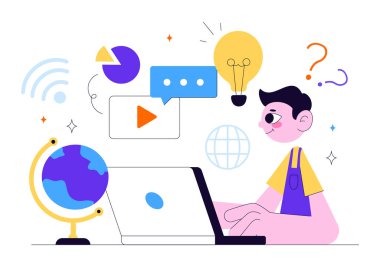 Çevrimiçi Eğitim ve Bilgi Kitapları İllüstrasyonunda Okul Malzemeleri ve Öğrenim Malzemeleri Platformu ile Çalışan İnsanlar