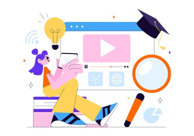 Çevrimiçi Eğitim ve Bilgi Kitapları İllüstrasyonunda Okul Malzemeleri ve Öğrenim Malzemeleri Platformu ile Çalışan İnsanlar