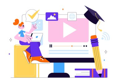 Çevrimiçi Eğitim ve Bilgi Kitapları İllüstrasyonunda Okul Malzemeleri ve Öğrenim Malzemeleri Platformu ile Çalışan İnsanlar