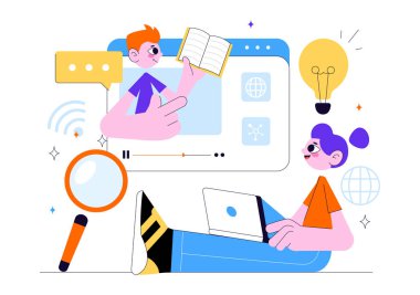 Çevrimiçi Eğitim ve Bilgi Kitapları İllüstrasyonunda Okul Malzemeleri ve Öğrenim Malzemeleri Platformu ile Çalışan İnsanlar