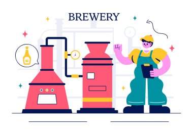Bira Fabrikası Üretim Süreci Vektör İllüstrasyonunda Düz Arkaplanda Fermantasyon İçin Alkollü İçeceklerle Dolu Bira Tankları ve Şişeler