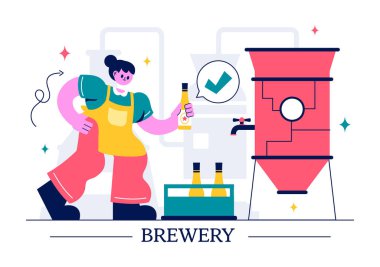 Bira Fabrikası Üretim Süreci Vektör İllüstrasyonunda Düz Arkaplanda Fermantasyon İçin Alkollü İçeceklerle Dolu Bira Tankları ve Şişeler