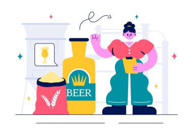 Bira Fabrikası Üretim Süreci Vektör İllüstrasyonunda Düz Arkaplanda Fermantasyon İçin Alkollü İçeceklerle Dolu Bira Tankları ve Şişeler