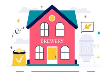 Bira Fabrikası Üretim Süreci Vektör İllüstrasyonunda Düz Arkaplanda Fermantasyon İçin Alkollü İçeceklerle Dolu Bira Tankları ve Şişeler