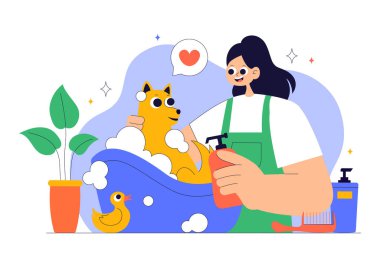 Temizlik, Sağlık ve Arka plandaki Kedi ya da Köpek Gibi Evcil Hayvanların Bakımını içeren Hayvan Bakım Vektörü İllüstrasyonu