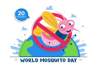 Dünya Sivrisinek Günü Vektör İllüstrasyonu, 20 Ağustos 'ta Dünya ve Düz Arkaplanda Dang Ateşi ve Sıtmaya Sebep olabilecek Midge