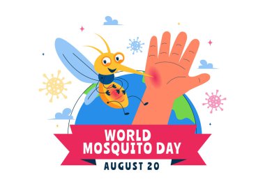 Dünya Sivrisinek Günü Vektör İllüstrasyonu, 20 Ağustos 'ta Dünya ve Düz Arkaplanda Dang Ateşi ve Sıtmaya Sebep olabilecek Midge