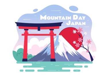 Japonya 'da Dağ Günü Vektör Resimleri 11 Ağustos' ta Fuji Dağı ve Sakura Çiçekleri Düz Tarzlı Çizgi Film Arkaplanında Kutlanıyor