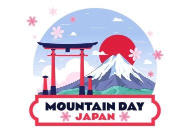 Japonya 'da Dağ Günü Vektör Resimleri 11 Ağustos' ta Fuji Dağı ve Sakura Çiçekleri Düz Tarzlı Çizgi Film Arkaplanında Kutlanıyor