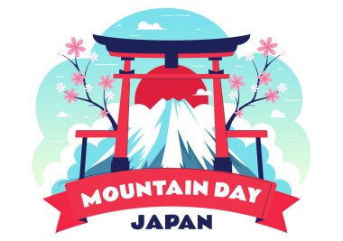 Japonya 'da Dağ Günü Vektör Resimleri 11 Ağustos' ta Fuji Dağı ve Sakura Çiçekleri Düz Tarzlı Çizgi Film Arkaplanında Kutlanıyor