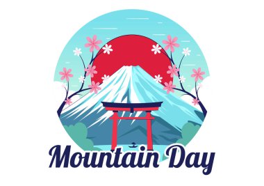 Japonya 'da Dağ Günü Vektör Resimleri 11 Ağustos' ta Fuji Dağı ve Sakura Çiçekleri Düz Tarzlı Çizgi Film Arkaplanında Kutlanıyor
