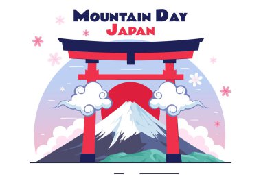 Japonya 'da Dağ Günü Vektör Resimleri 11 Ağustos' ta Fuji Dağı ve Sakura Çiçekleri Düz Tarzlı Çizgi Film Arkaplanında Kutlanıyor
