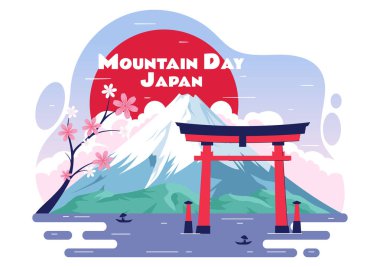 Japonya 'da Dağ Günü Vektör Resimleri 11 Ağustos' ta Fuji Dağı ve Sakura Çiçekleri Düz Tarzlı Çizgi Film Arkaplanında Kutlanıyor