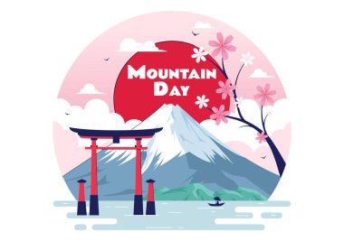 Japonya 'da Dağ Günü Vektör Resimleri 11 Ağustos' ta Fuji Dağı ve Sakura Çiçekleri Düz Tarzlı Çizgi Film Arkaplanında Kutlanıyor