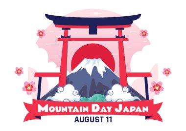 Japonya 'da Dağ Günü Vektör Resimleri 11 Ağustos' ta Fuji Dağı ve Sakura Çiçekleri Düz Tarzlı Çizgi Film Arkaplanında Kutlanıyor