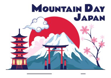 Japonya 'da Dağ Günü Vektör Resimleri 11 Ağustos' ta Fuji Dağı ve Sakura Çiçekleri Düz Tarzlı Çizgi Film Arkaplanında Kutlanıyor