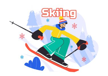 Kayak Vektörü İllüstrasyonunda Kayakçılar Kar Dağından Kayıyor Kış Spor Faaliyetlerinde Düz Arkaplandaki Kayak Merkezinde