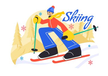 Kayak Vektörü İllüstrasyonunda Kayakçılar Kar Dağından Kayıyor Kış Spor Faaliyetlerinde Düz Arkaplandaki Kayak Merkezinde