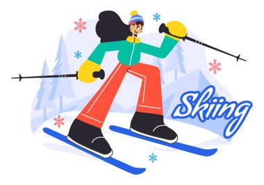 Kayak Vektörü İllüstrasyonunda Kayakçılar Kar Dağından Kayıyor Kış Spor Faaliyetlerinde Düz Arkaplandaki Kayak Merkezinde