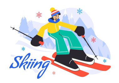 Kayak Vektörü İllüstrasyonunda Kayakçılar Kar Dağından Kayıyor Kış Spor Faaliyetlerinde Düz Arkaplandaki Kayak Merkezinde