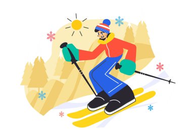 Kayak Vektörü İllüstrasyonunda Kayakçılar Kar Dağından Kayıyor Kış Spor Faaliyetlerinde Düz Arkaplandaki Kayak Merkezinde