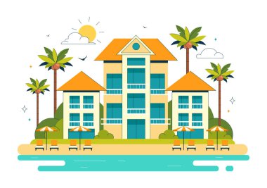 Plaj Resort Vector Illustration Güzel Tropikal Ada Sahnesi Bir Villa Otel, Çarpıcı Deniz Kenarı Manzarası, ve Lush Green Palm Trees