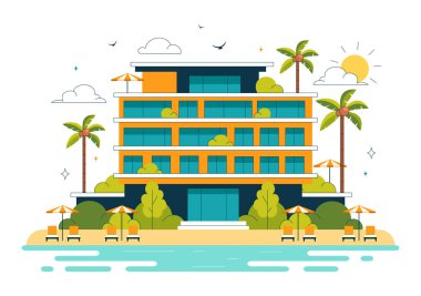 Plaj Resort Vector Illustration Güzel Tropikal Ada Sahnesi Bir Villa Otel, Çarpıcı Deniz Kenarı Manzarası, ve Lush Green Palm Trees