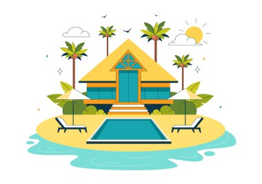 Plaj Resort Vector Illustration Güzel Tropikal Ada Sahnesi Bir Villa Otel, Çarpıcı Deniz Kenarı Manzarası, ve Lush Green Palm Trees