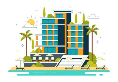 Plaj Resort Vector Illustration Güzel Tropikal Ada Sahnesi Bir Villa Otel, Çarpıcı Deniz Kenarı Manzarası, ve Lush Green Palm Trees