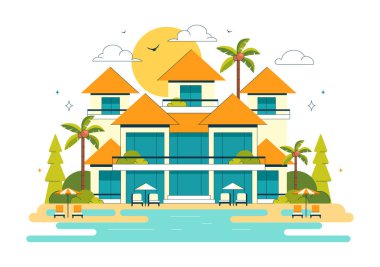 Plaj Resort Vector Illustration Güzel Tropikal Ada Sahnesi Bir Villa Otel, Çarpıcı Deniz Kenarı Manzarası, ve Lush Green Palm Trees