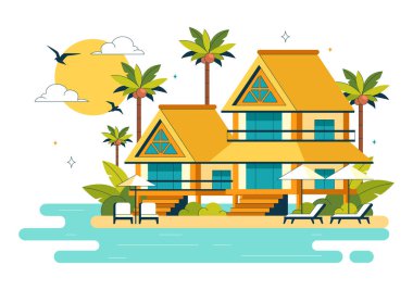 Plaj Resort Vector Illustration Güzel Tropikal Ada Sahnesi Bir Villa Otel, Çarpıcı Deniz Kenarı Manzarası, ve Lush Green Palm Trees