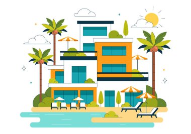 Plaj Resort Vector Illustration Güzel Tropikal Ada Sahnesi Bir Villa Otel, Çarpıcı Deniz Kenarı Manzarası, ve Lush Green Palm Trees