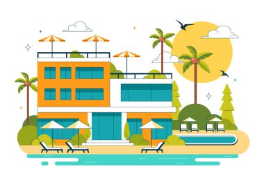 Plaj Resort Vector Illustration Güzel Tropikal Ada Sahnesi Bir Villa Otel, Çarpıcı Deniz Kenarı Manzarası, ve Lush Green Palm Trees