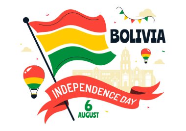 Bolivya Bağımsızlık Günü Vektör İlülasyonu, 6 Ağustos 'ta Düz Arkaplanlı Ulusal Bayram Sahnesinde Dalgalanan Bayrak ve Kurdele